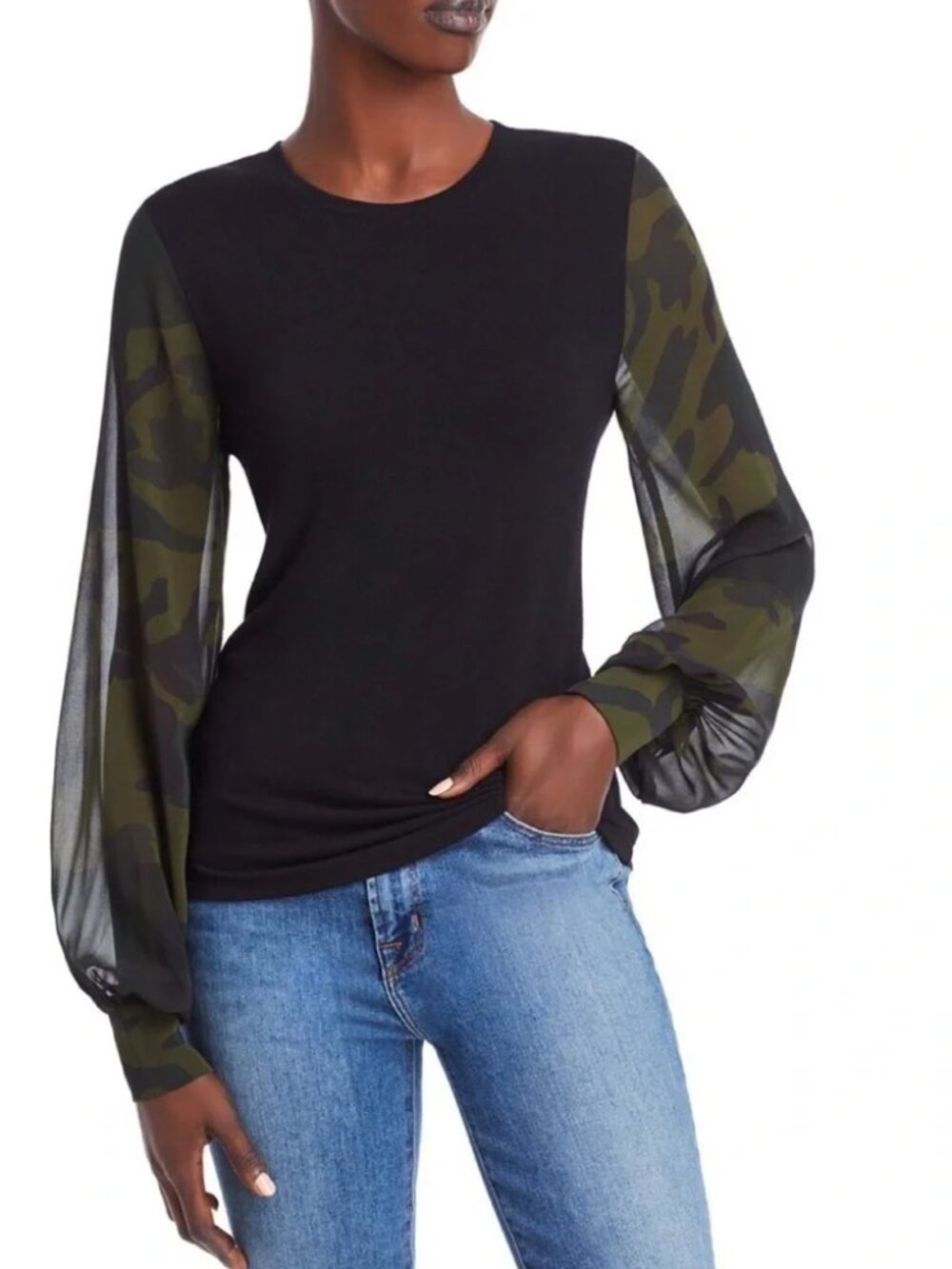 NWT Generation Love Noelle Camo Sleeve Top Black Knit Green Camo Women's Size XS